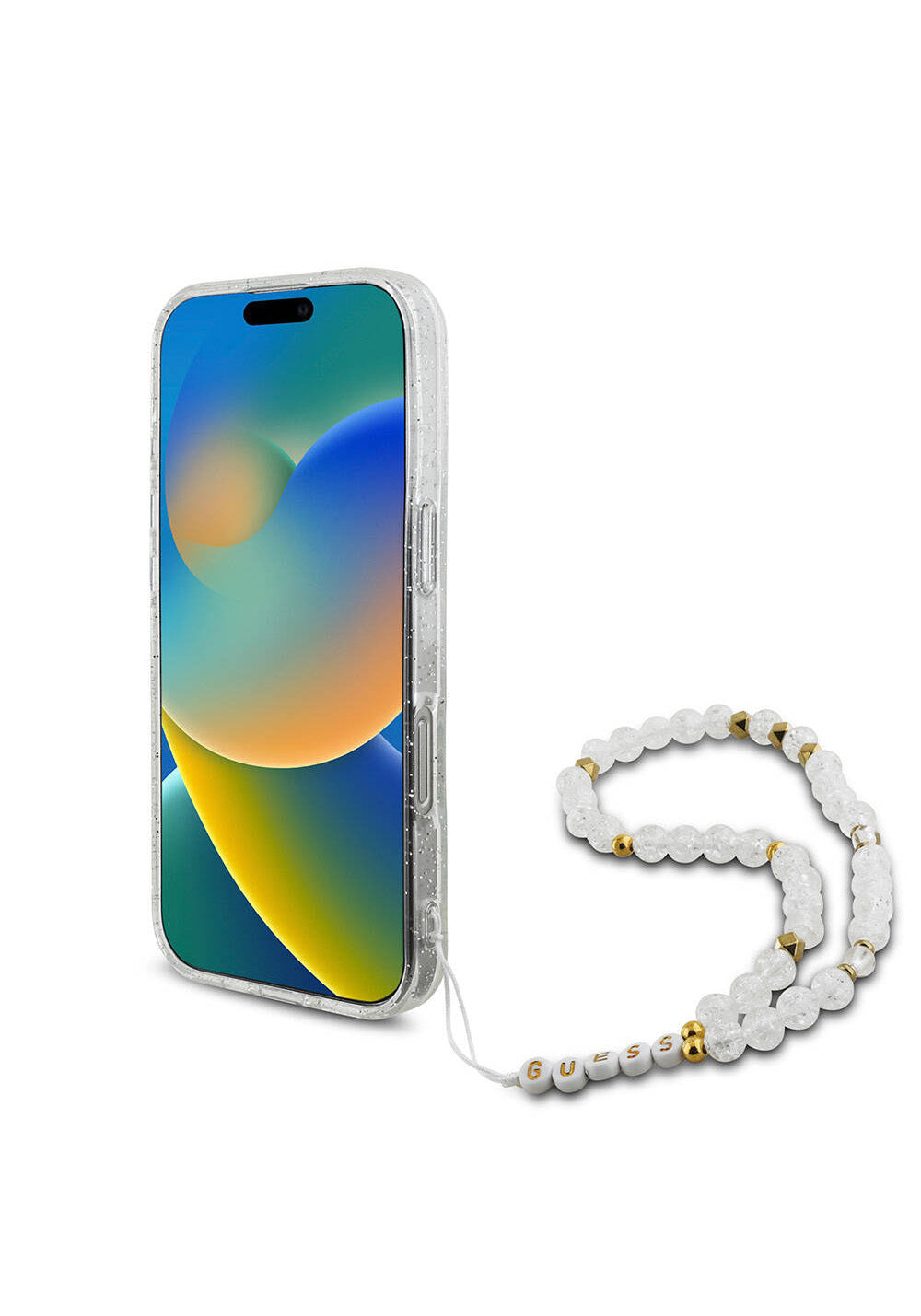 Apple iPhone 16 Pro Max Kılıf Guess Orijinal Lisanslı Manyetik Şarj Uyumlu Simli Silikon İnci Bileklikli Kapak