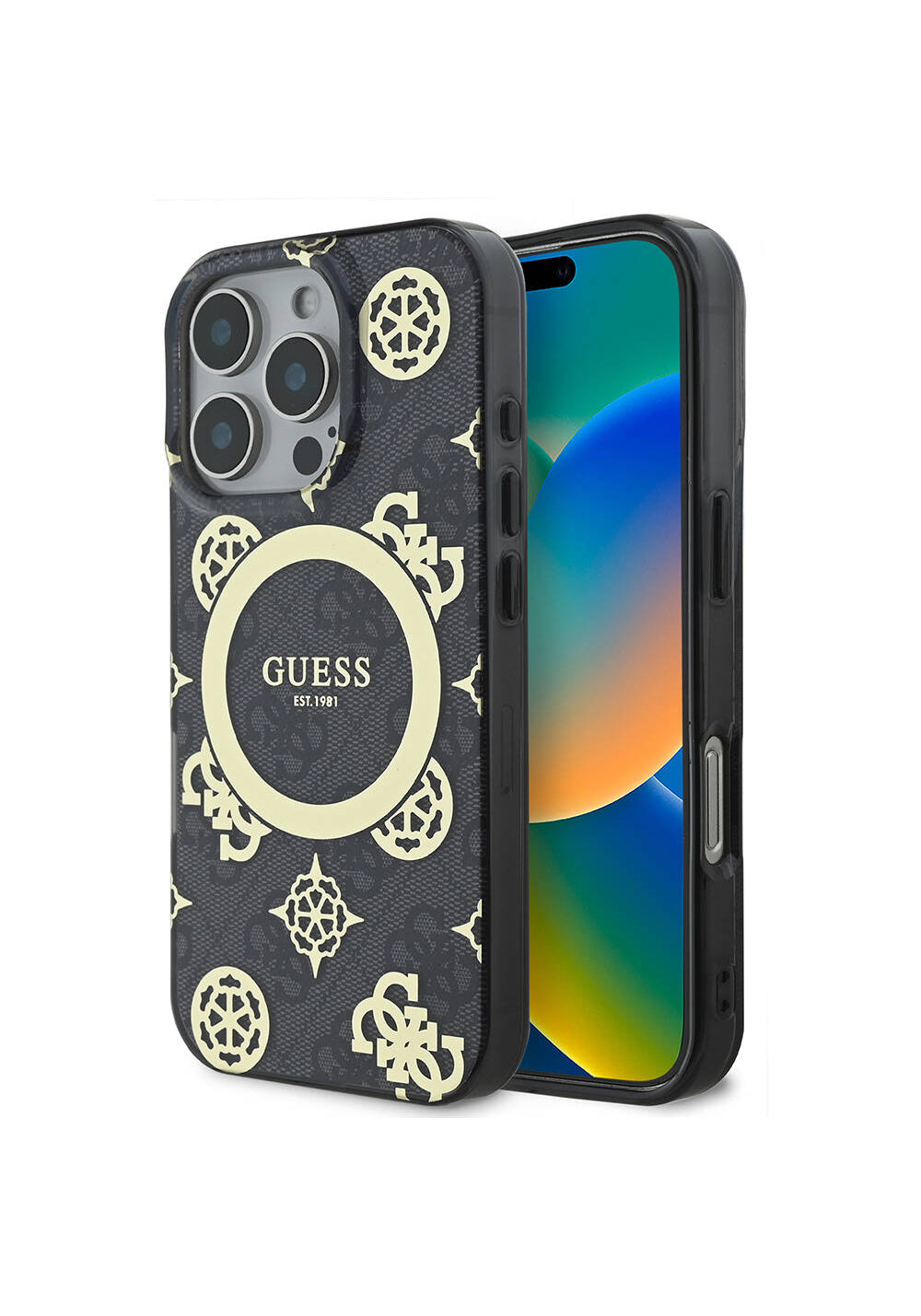 Apple iPhone 16 Pro Kılıf Guess Orijinal Lisanslı Manyetik Şarj Uyumlu IML Peony ve 4G Desenli Klasik Logolu Kapak