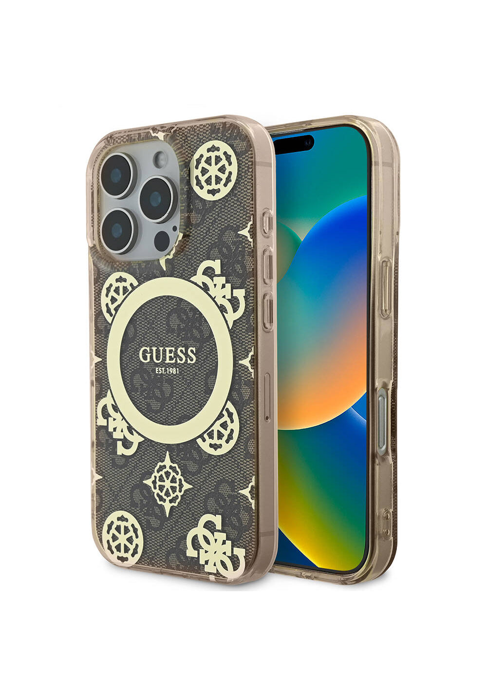Apple iPhone 16 Pro Kılıf Guess Orijinal Lisanslı Manyetik Şarj Uyumlu IML Peony ve 4G Desenli Klasik Logolu Kapak