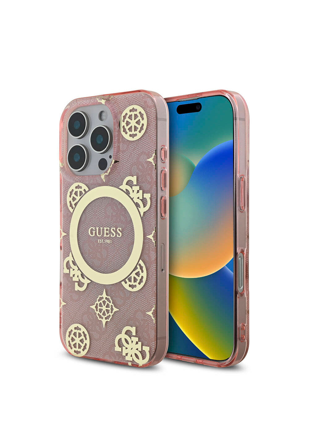 Apple iPhone 16 Pro Kılıf Guess Orijinal Lisanslı Manyetik Şarj Uyumlu IML Peony ve 4G Desenli Klasik Logolu Kapak