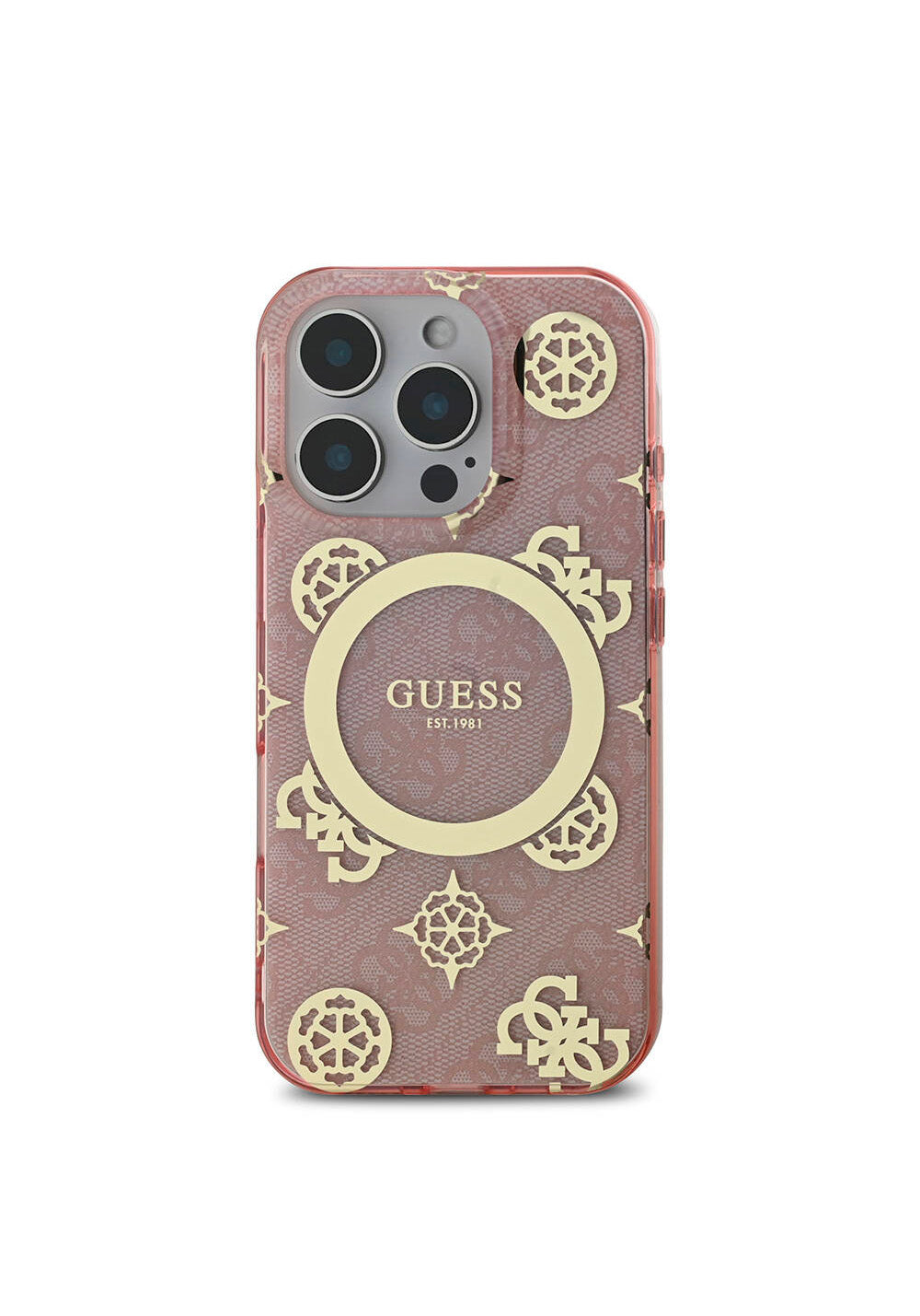 Apple iPhone 16 Pro Kılıf Guess Orijinal Lisanslı Manyetik Şarj Uyumlu IML Peony ve 4G Desenli Klasik Logolu Kapak