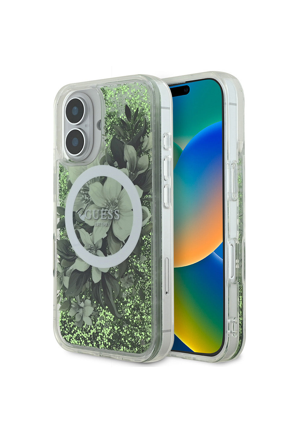 Apple iPhone 16 Kılıf Guess Orijinal Lisanslı Manyetik Şarj Uyumlu Sıvılı Simli Çiçek Desenli Kapak