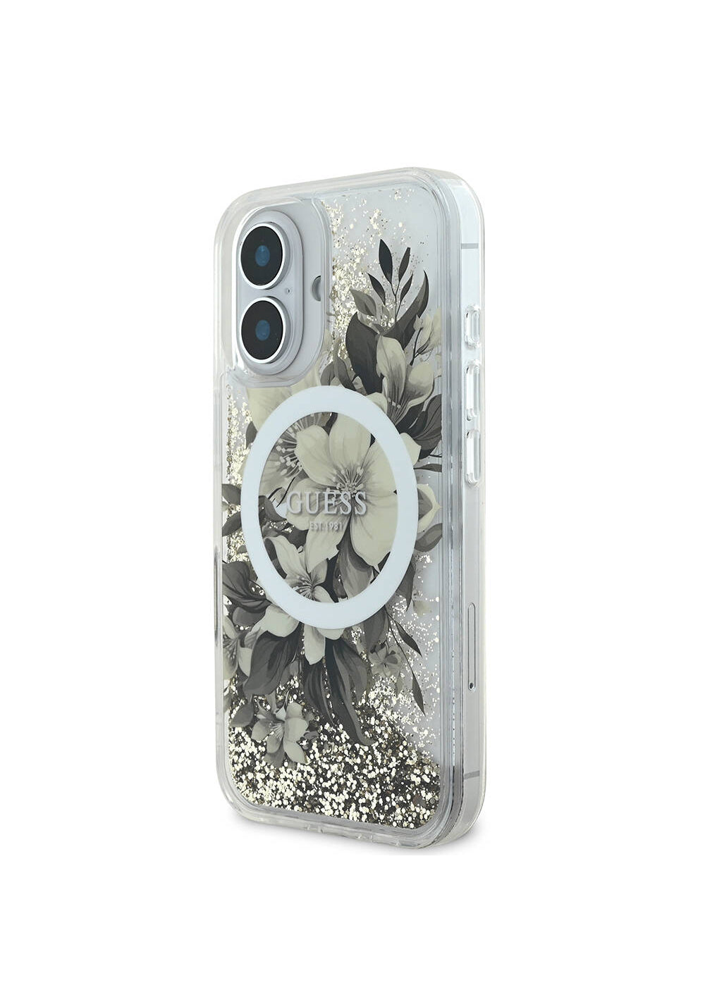 Apple iPhone 16 Kılıf Guess Orijinal Lisanslı Manyetik Şarj Uyumlu Sıvılı Simli Çiçek Desenli Kapak