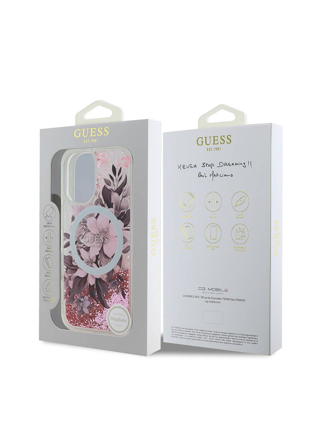 Apple iPhone 16 Kılıf Guess Orijinal Lisanslı Manyetik Şarj Uyumlu Sıvılı Simli Çiçek Desenli Kapak
