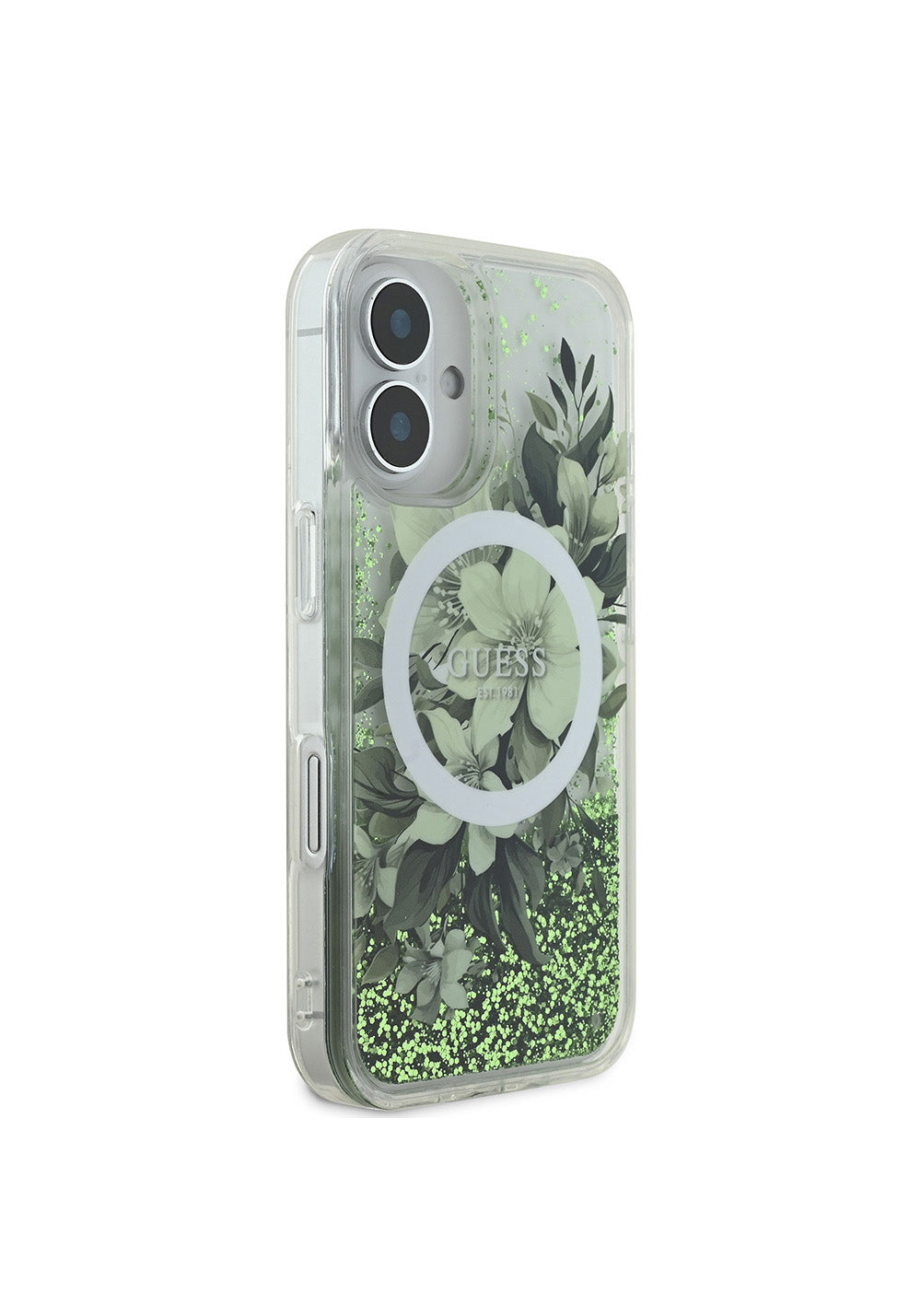 Apple iPhone 16 Kılıf Guess Orijinal Lisanslı Manyetik Şarj Uyumlu Sıvılı Simli Çiçek Desenli Kapak