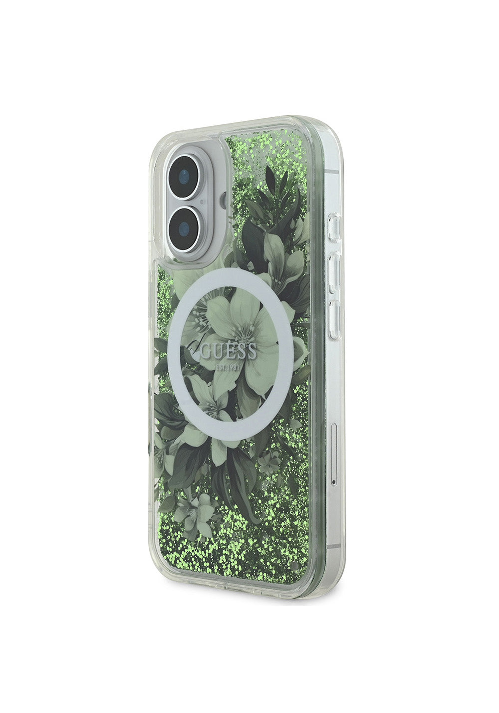 Apple iPhone 16 Kılıf Guess Orijinal Lisanslı Manyetik Şarj Uyumlu Sıvılı Simli Çiçek Desenli Kapak