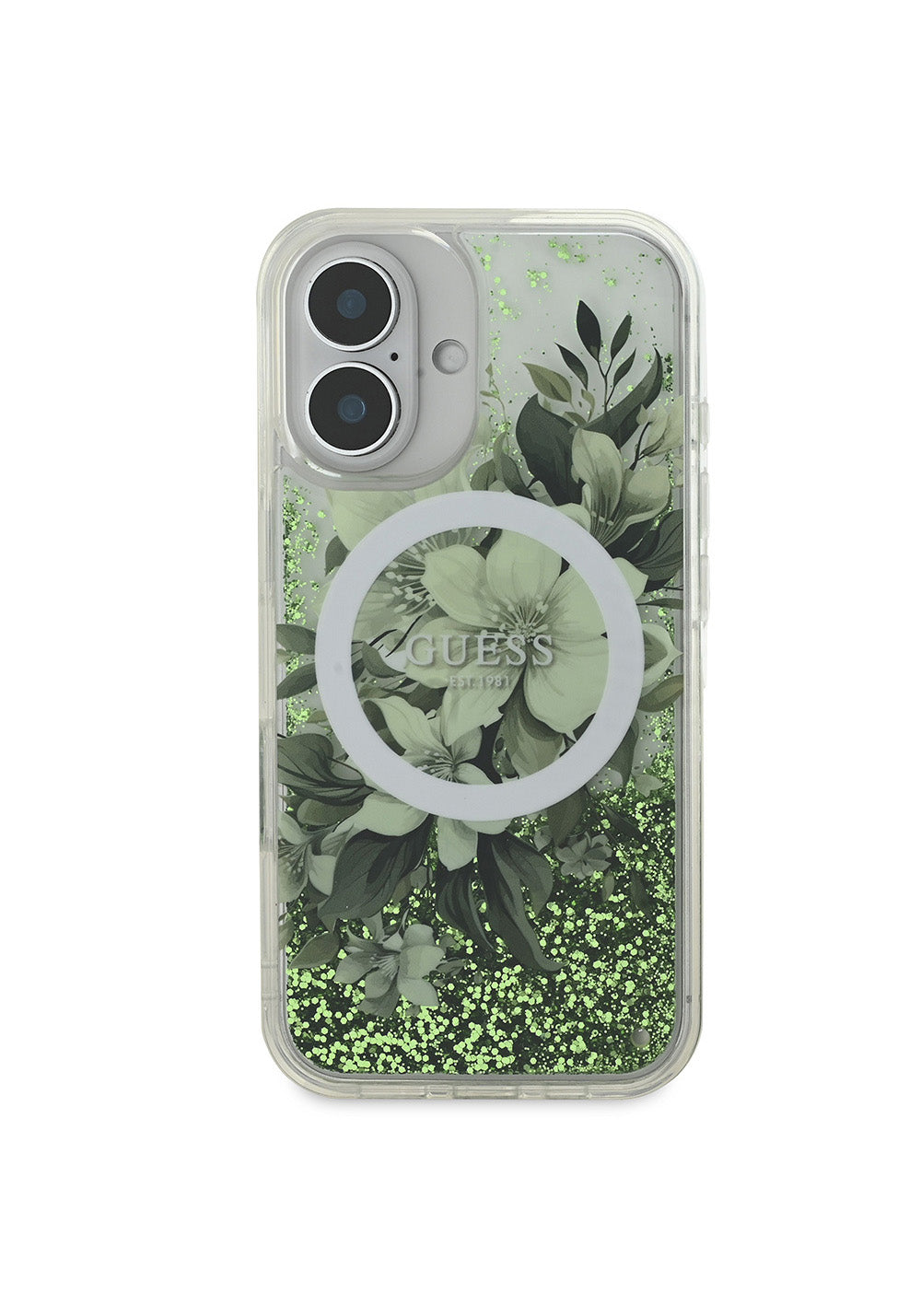 Apple iPhone 16 Kılıf Guess Orijinal Lisanslı Manyetik Şarj Uyumlu Sıvılı Simli Çiçek Desenli Kapak