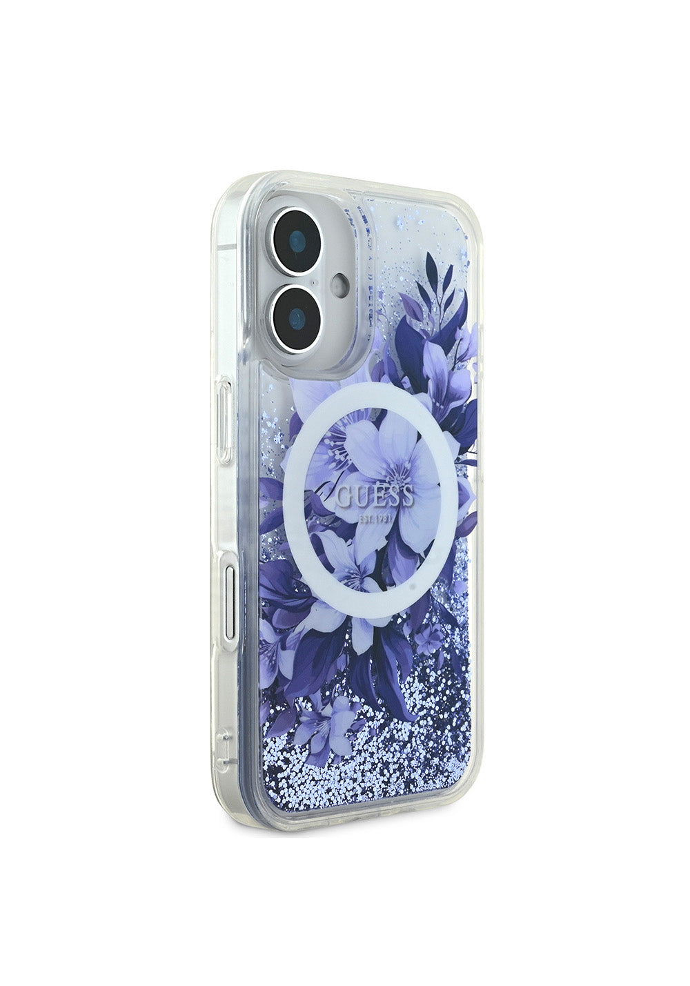 Apple iPhone 16 Kılıf Guess Orijinal Lisanslı Manyetik Şarj Uyumlu Sıvılı Simli Çiçek Desenli Kapak