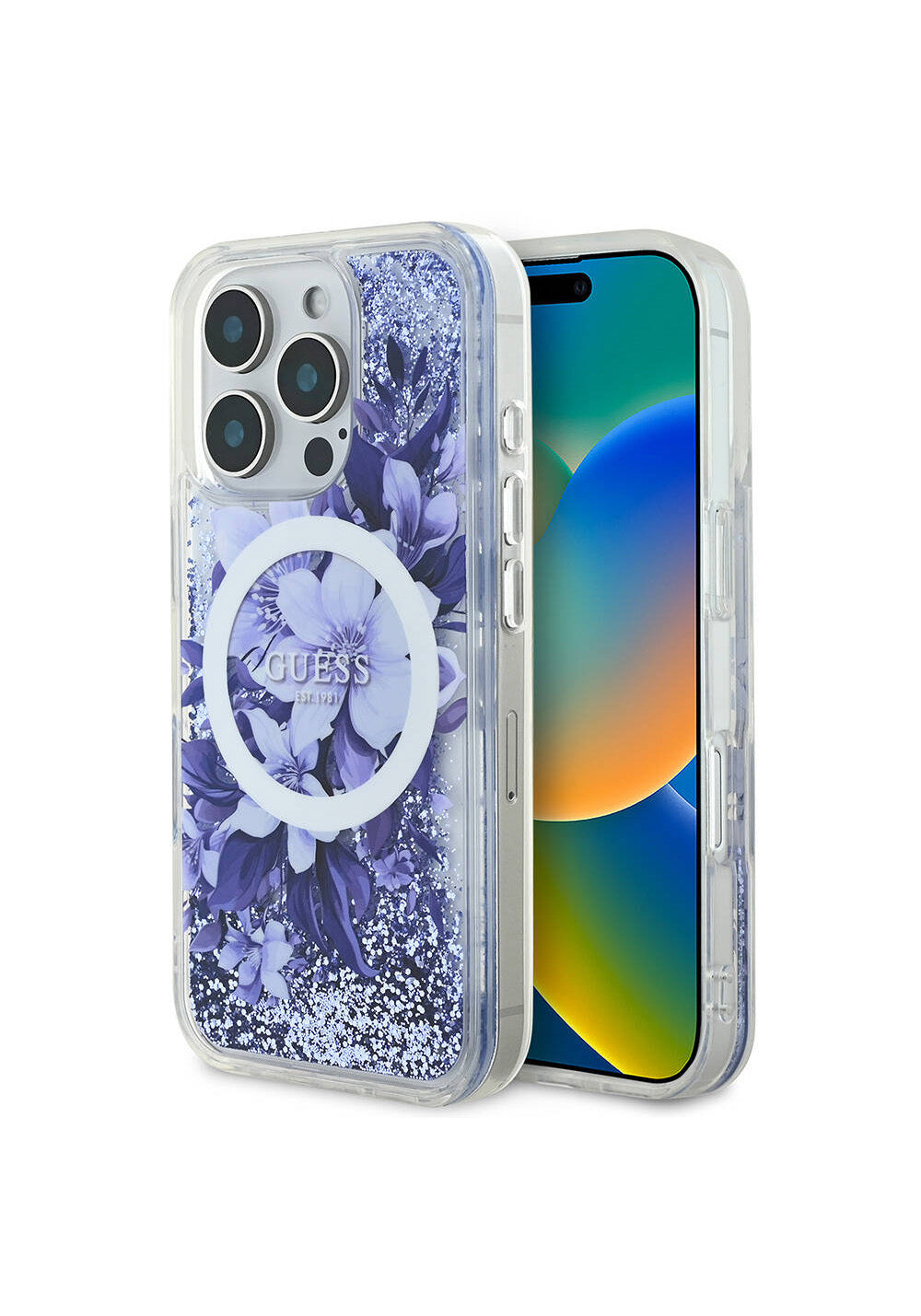 Apple iPhone 16 Pro Kılıf Guess Orijinal Lisanslı Manyetik Şarj Uyumlu Sıvılı Simli Çiçek Desenli Kapak