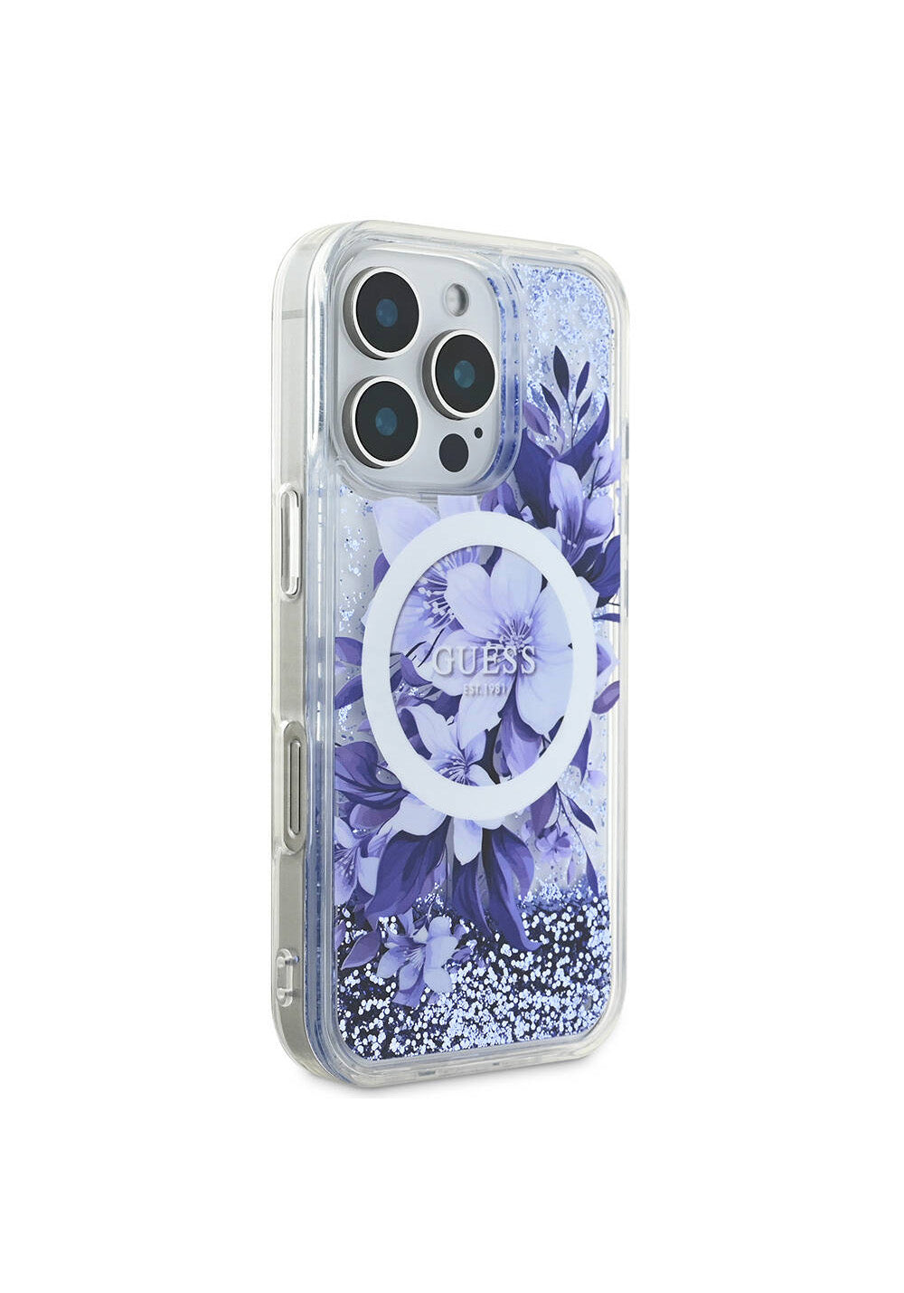 Apple iPhone 16 Pro Kılıf Guess Orijinal Lisanslı Manyetik Şarj Uyumlu Sıvılı Simli Çiçek Desenli Kapak