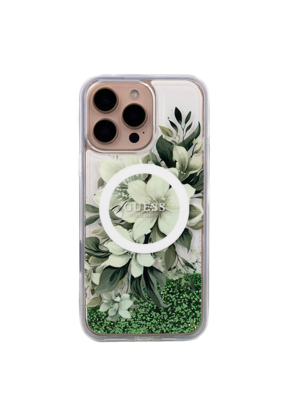 Apple iPhone 16 Pro Max Kılıf Guess Orijinal Lisanslı Manyetik Şarj Uyumlu Sıvılı Simli Çiçek Desenli Kapak