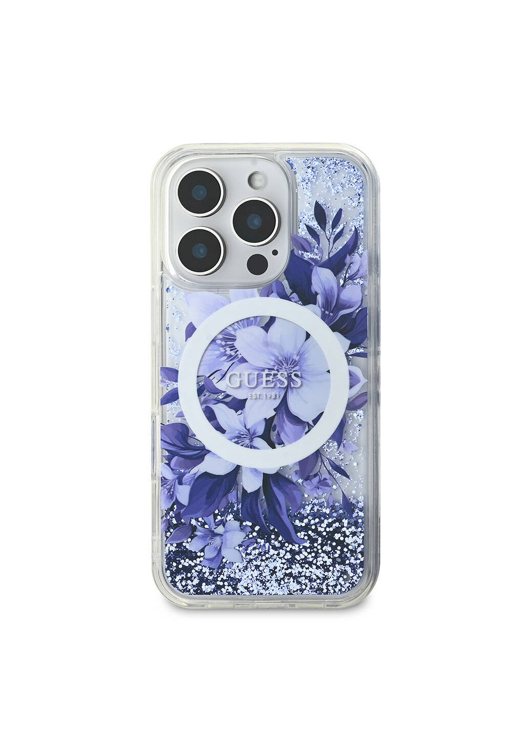 Apple iPhone 16 Pro Max Kılıf Guess Orijinal Lisanslı Manyetik Şarj Uyumlu Sıvılı Simli Çiçek Desenli Kapak