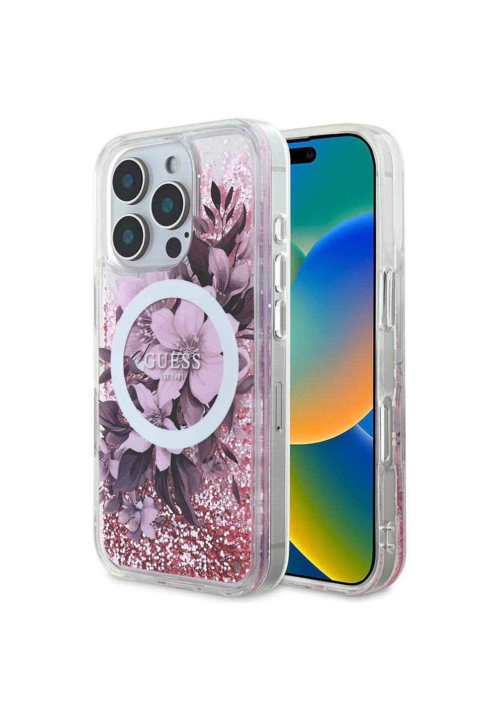 Apple iPhone 16 Pro Max Kılıf Guess Orijinal Lisanslı Manyetik Şarj Uyumlu Sıvılı Simli Çiçek Desenli Kapak