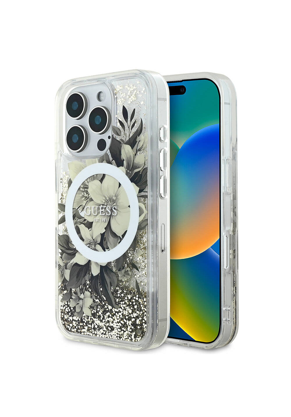 Apple iPhone 16 Pro Max Kılıf Guess Orijinal Lisanslı Manyetik Şarj Uyumlu Sıvılı Simli Çiçek Desenli Kapak