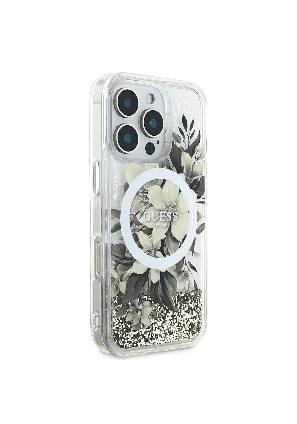 Apple iPhone 16 Pro Max Kılıf Guess Orijinal Lisanslı Manyetik Şarj Uyumlu Sıvılı Simli Çiçek Desenli Kapak