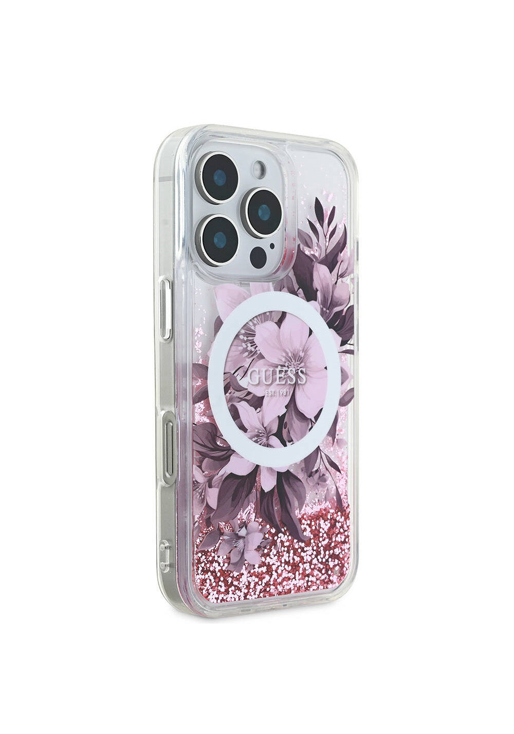 Apple iPhone 16 Pro Max Kılıf Guess Orijinal Lisanslı Manyetik Şarj Uyumlu Sıvılı Simli Çiçek Desenli Kapak