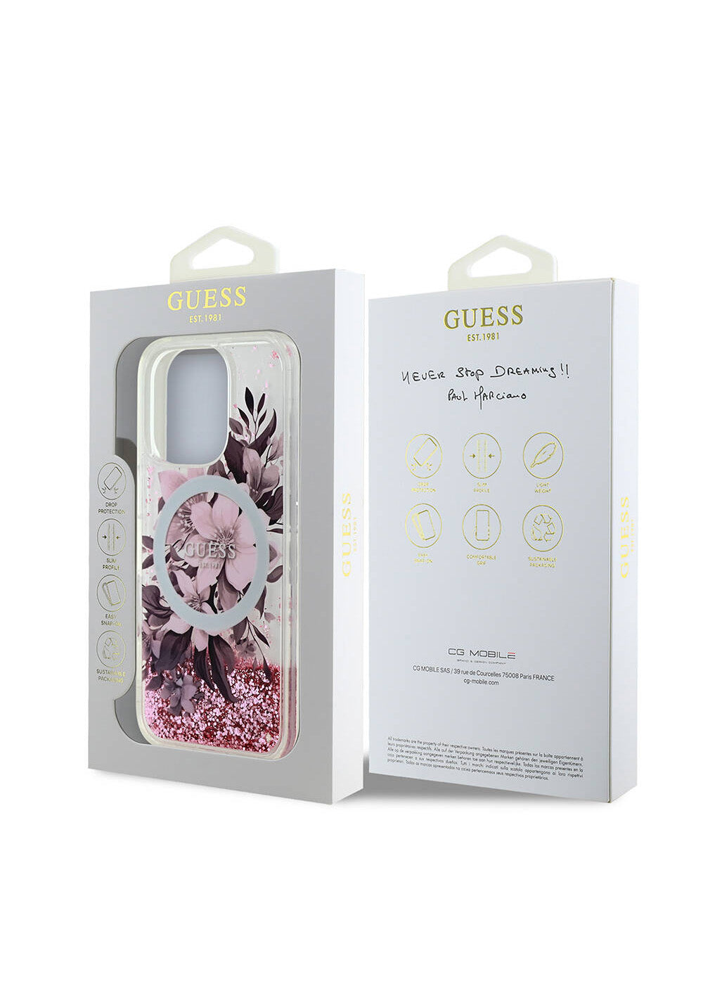 Apple iPhone 16 Pro Max Kılıf Guess Orijinal Lisanslı Manyetik Şarj Uyumlu Sıvılı Simli Çiçek Desenli Kapak