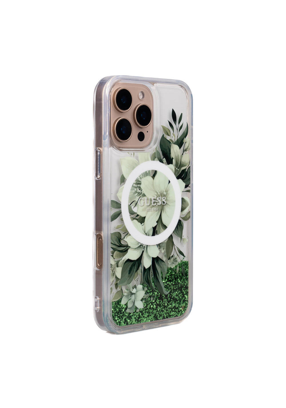 Apple iPhone 16 Pro Max Kılıf Guess Orijinal Lisanslı Manyetik Şarj Uyumlu Sıvılı Simli Çiçek Desenli Kapak