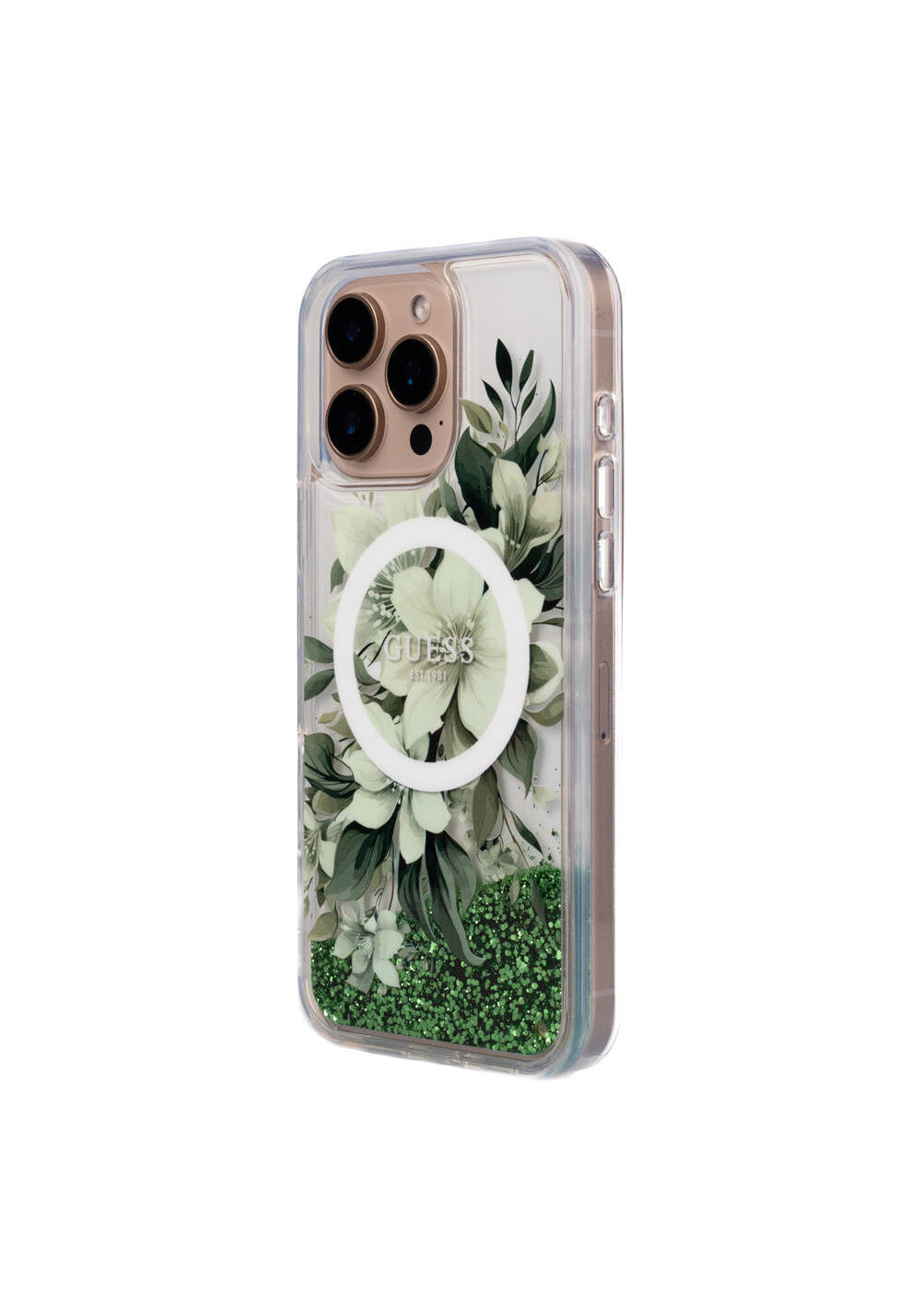 Apple iPhone 16 Pro Max Kılıf Guess Orijinal Lisanslı Manyetik Şarj Uyumlu Sıvılı Simli Çiçek Desenli Kapak