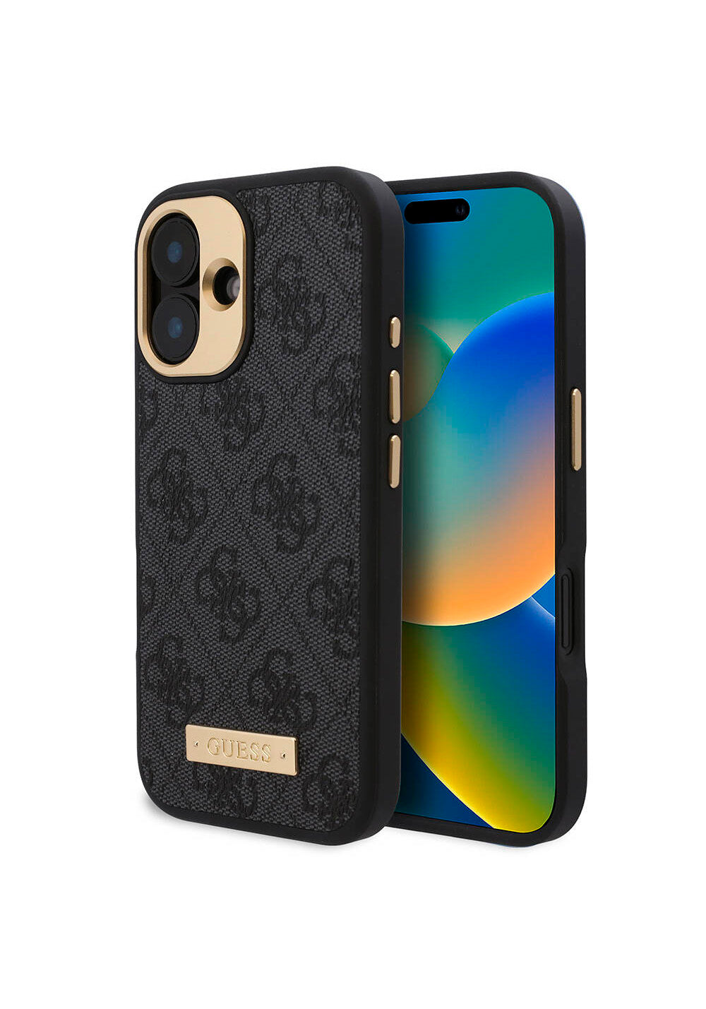Apple iPhone 16 Kılıf Guess Orijinal Lisanslı Manyetik Şarj Uyumlu PU 4G Desenli Metal Plaka Klasik Logolu Kapak
