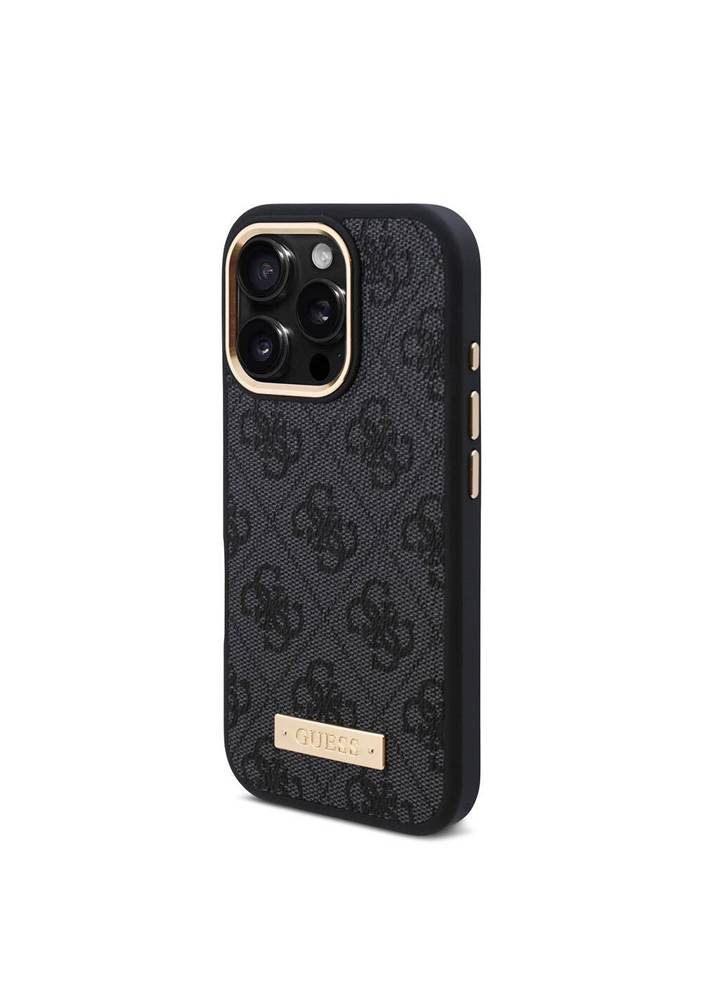 Apple iPhone 16 Pro Kılıf Guess Orijinal Lisanslı Manyetik Şarj Uyumlu 4G Desenli PU Metal Plaka Klasik Logolu Kapak
