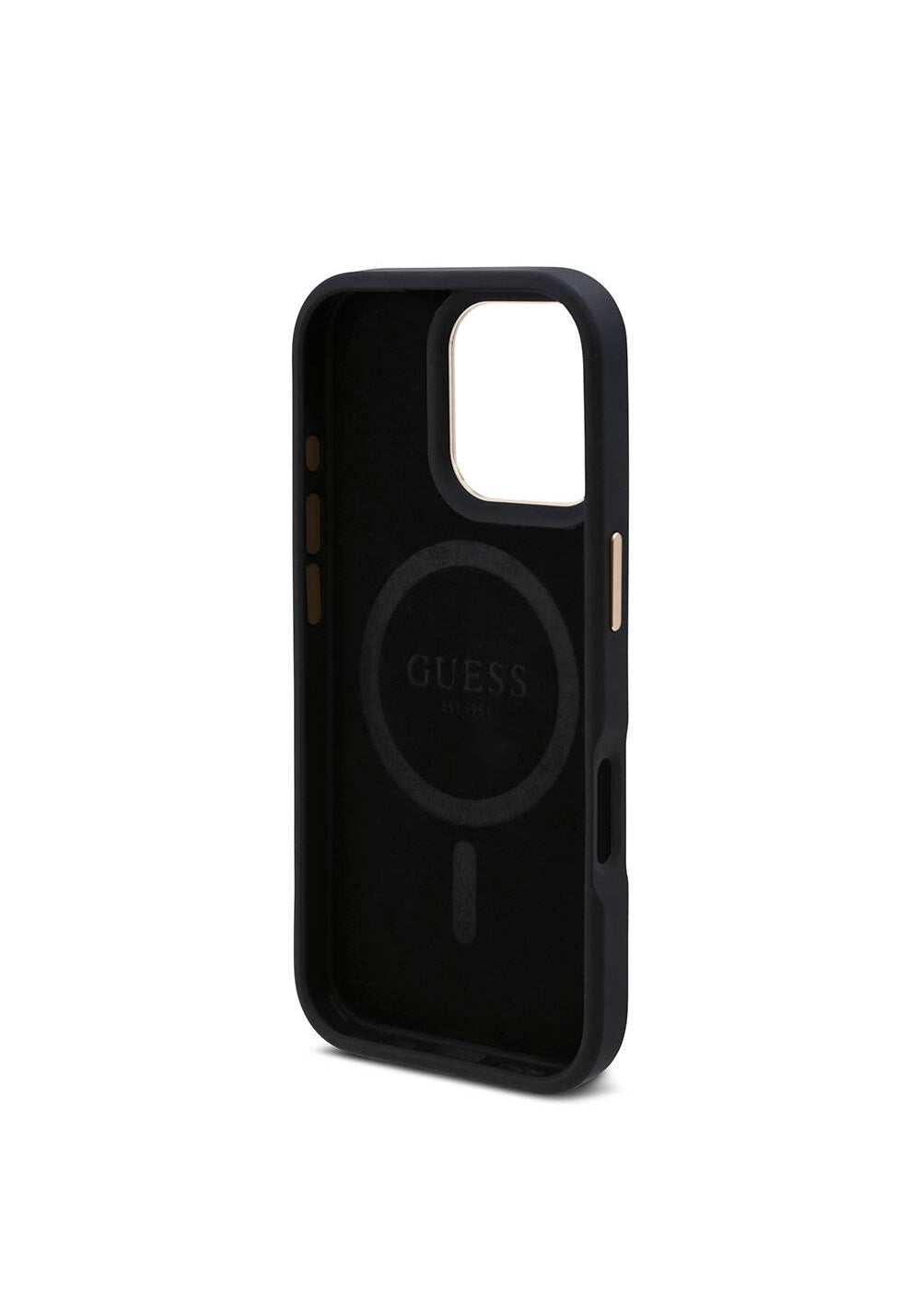 Apple iPhone 16 Pro Kılıf Guess Orijinal Lisanslı Manyetik Şarj Uyumlu 4G Desenli PU Metal Plaka Klasik Logolu Kapak
