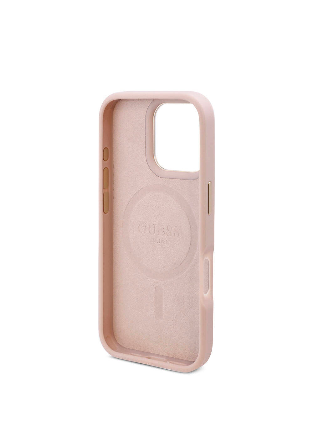 Apple iPhone 16 Pro Kılıf Guess Orijinal Lisanslı Manyetik Şarj Uyumlu 4G Desenli PU Metal Plaka Klasik Logolu Kapak