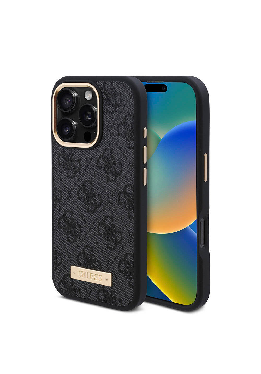 Apple iPhone 16 Pro Max Kılıf Guess Orijinal Lisanslı Manyetik Şarj Uyumlu 4G Desenli PU Metal Plaka Klasik Logolu Kapak