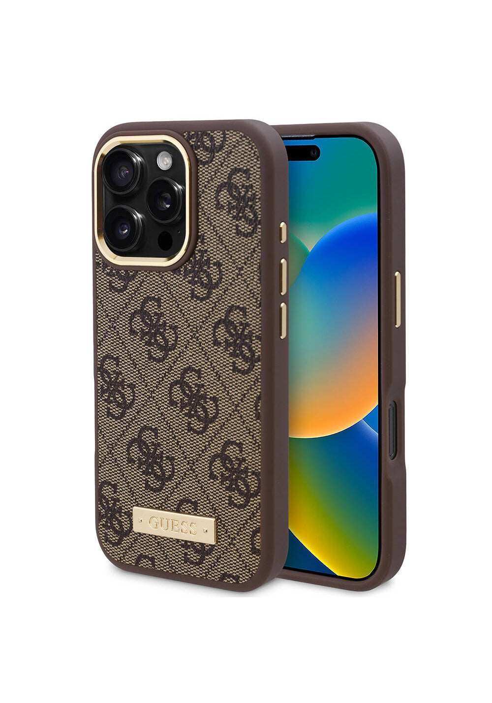 Apple iPhone 16 Pro Max Kılıf Guess Orijinal Lisanslı Manyetik Şarj Uyumlu 4G Desenli PU Metal Plaka Klasik Logolu Kapak