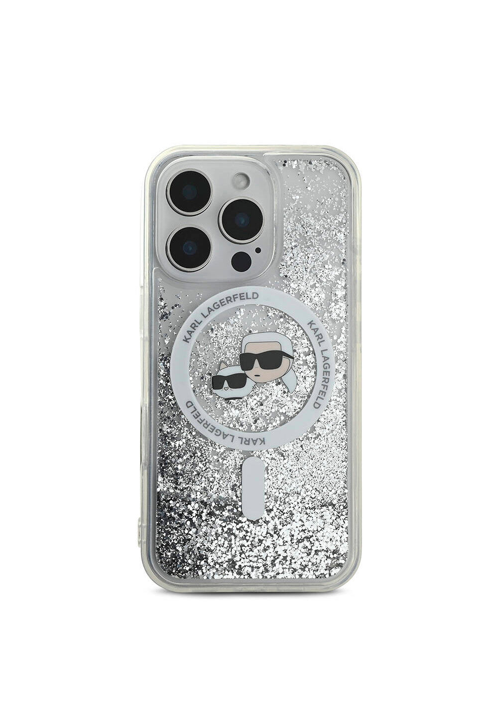 Apple iPhone 16 Pro Kılıf Karl Lagerfeld Orijinal Lisanslı Manyetik Şarj Uyumlu Sıvılı Simli KC Heads Kapak