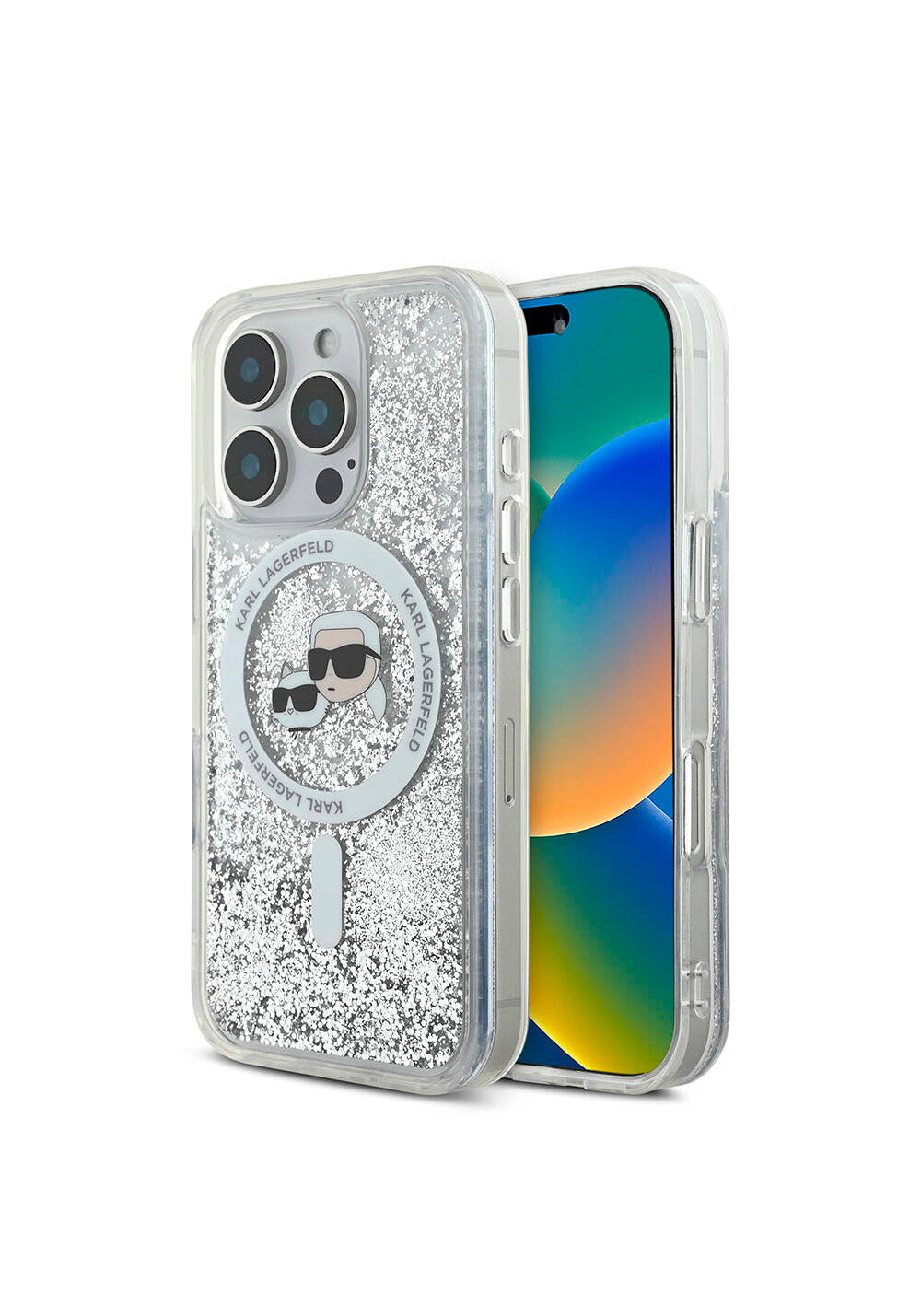 Apple iPhone 16 Pro Max Kılıf Karl Lagerfeld Orijinal Lisanslı Manyetik Şarj Uyumlu Sıvılı Simli KC Heads Kapak