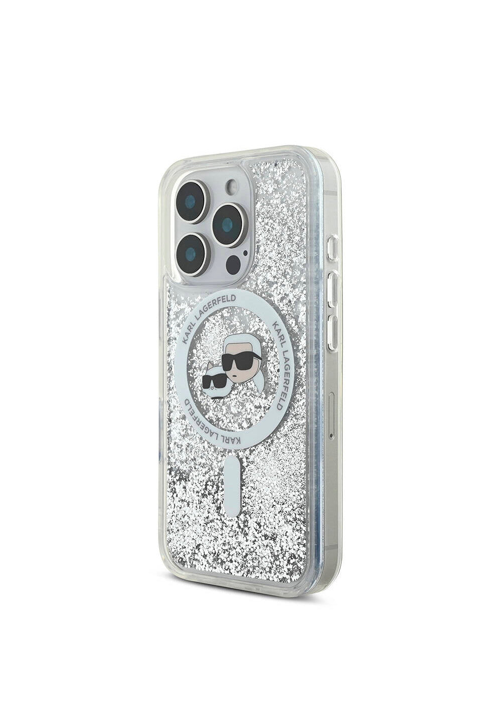 Apple iPhone 16 Pro Max Kılıf Karl Lagerfeld Orijinal Lisanslı Manyetik Şarj Uyumlu Sıvılı Simli KC Heads Kapak