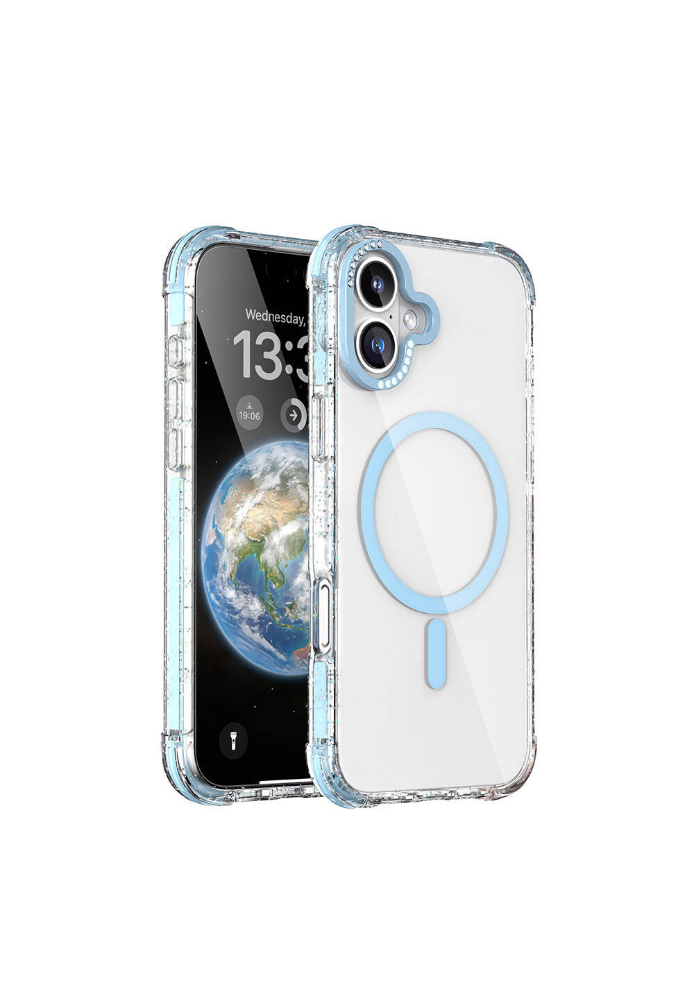 Apple iPhone 16 Kılıf Manyetik Şarj Uyumlu Taşlı ve Simli Tasarım Mutural Blink Kapak