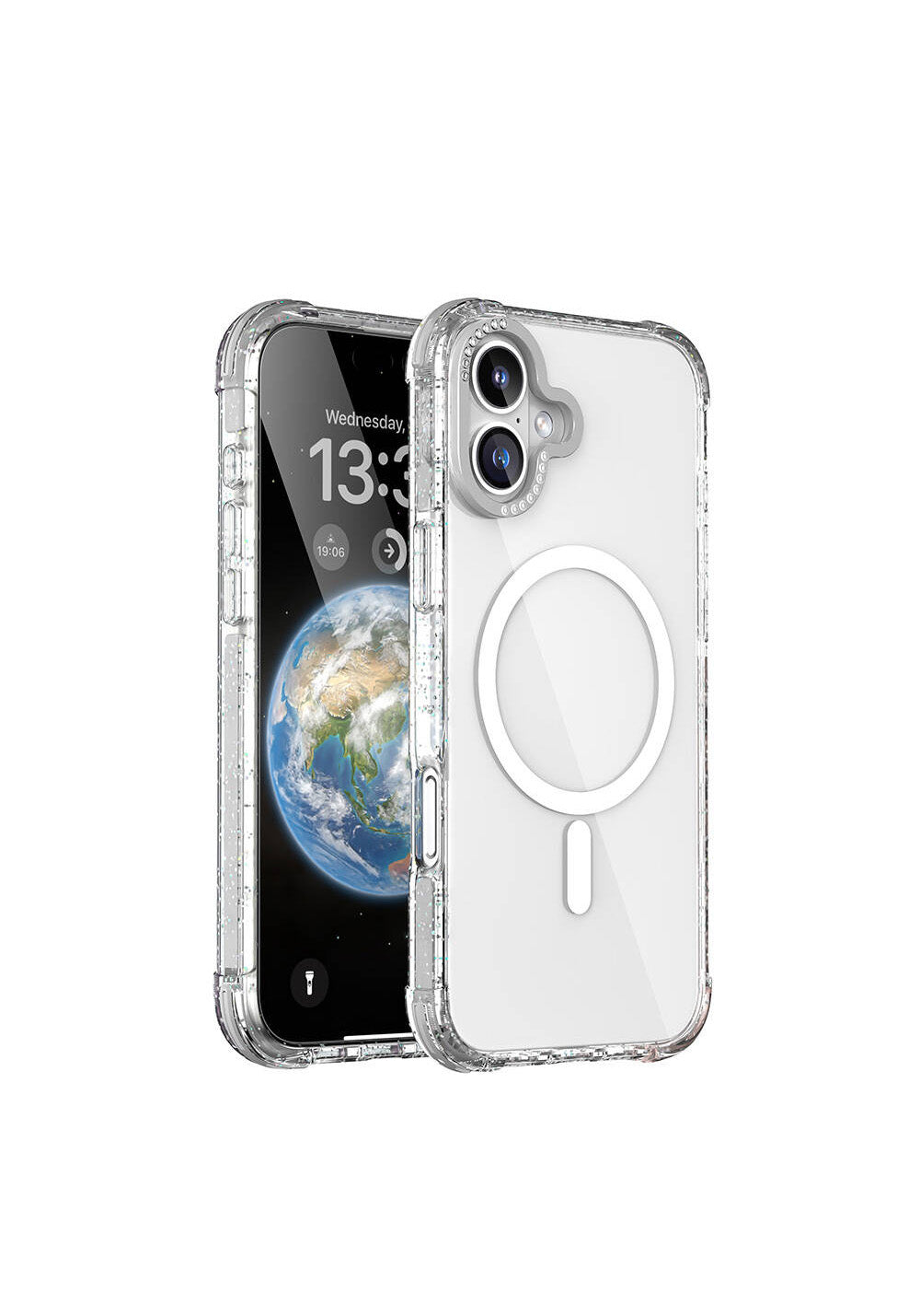 Apple iPhone 16 Kılıf Manyetik Şarj Uyumlu Taşlı ve Simli Tasarım Mutural Blink Kapak