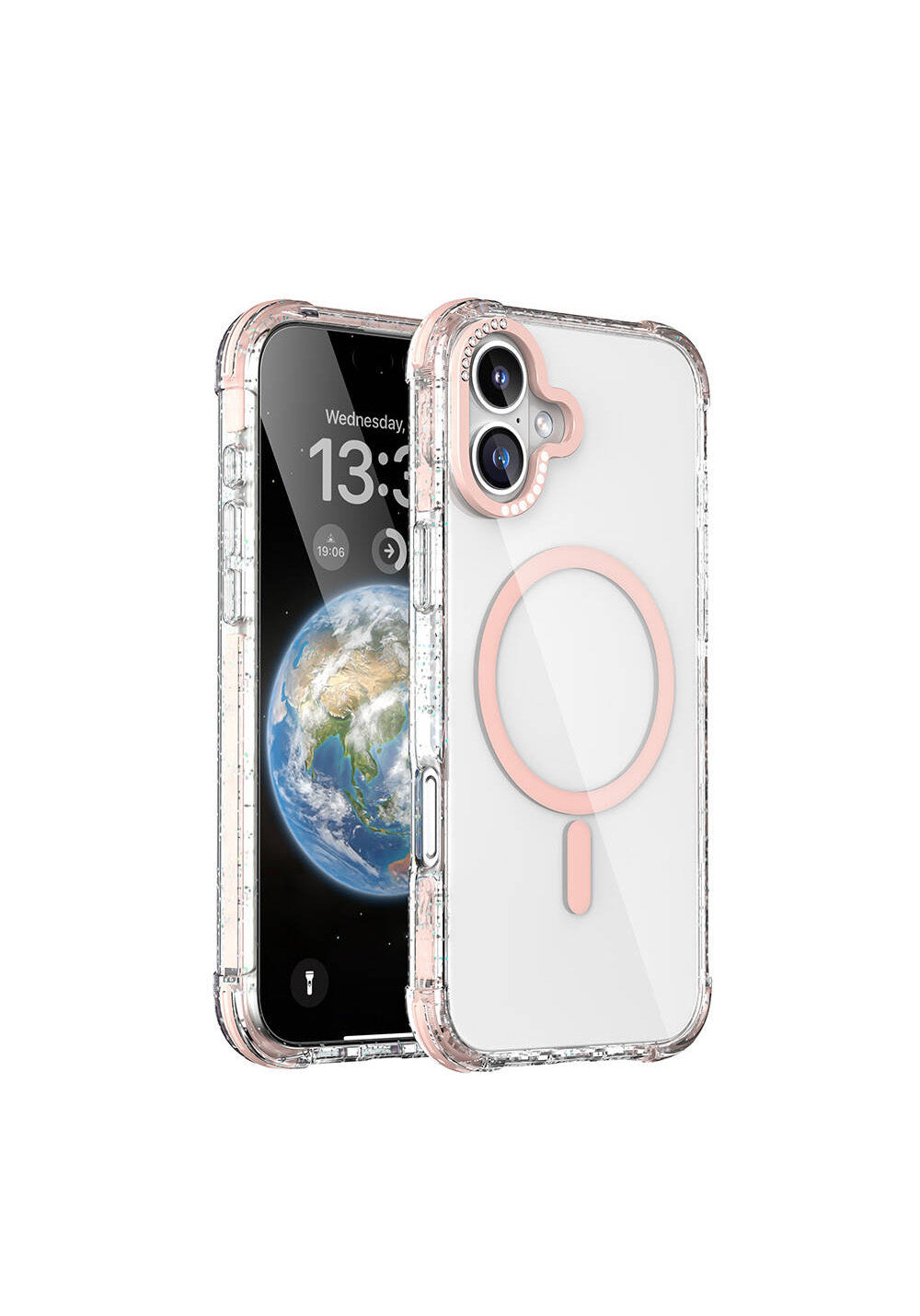 Apple iPhone 16 Kılıf Manyetik Şarj Uyumlu Taşlı ve Simli Tasarım Mutural Blink Kapak