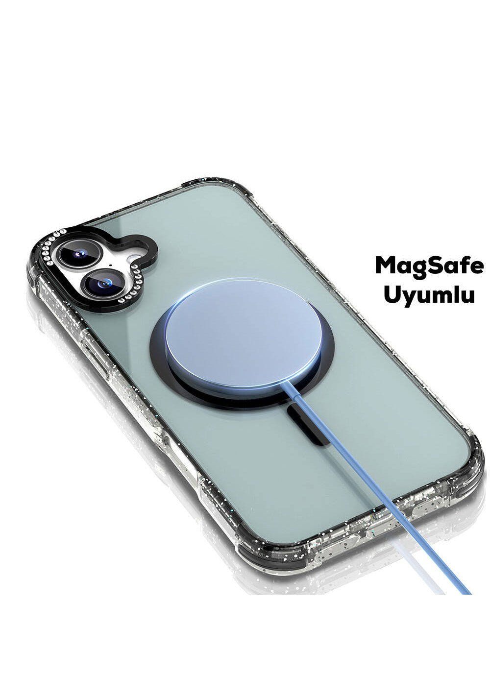 Apple iPhone 16 Kılıf Manyetik Şarj Uyumlu Taşlı ve Simli Tasarım Mutural Blink Kapak