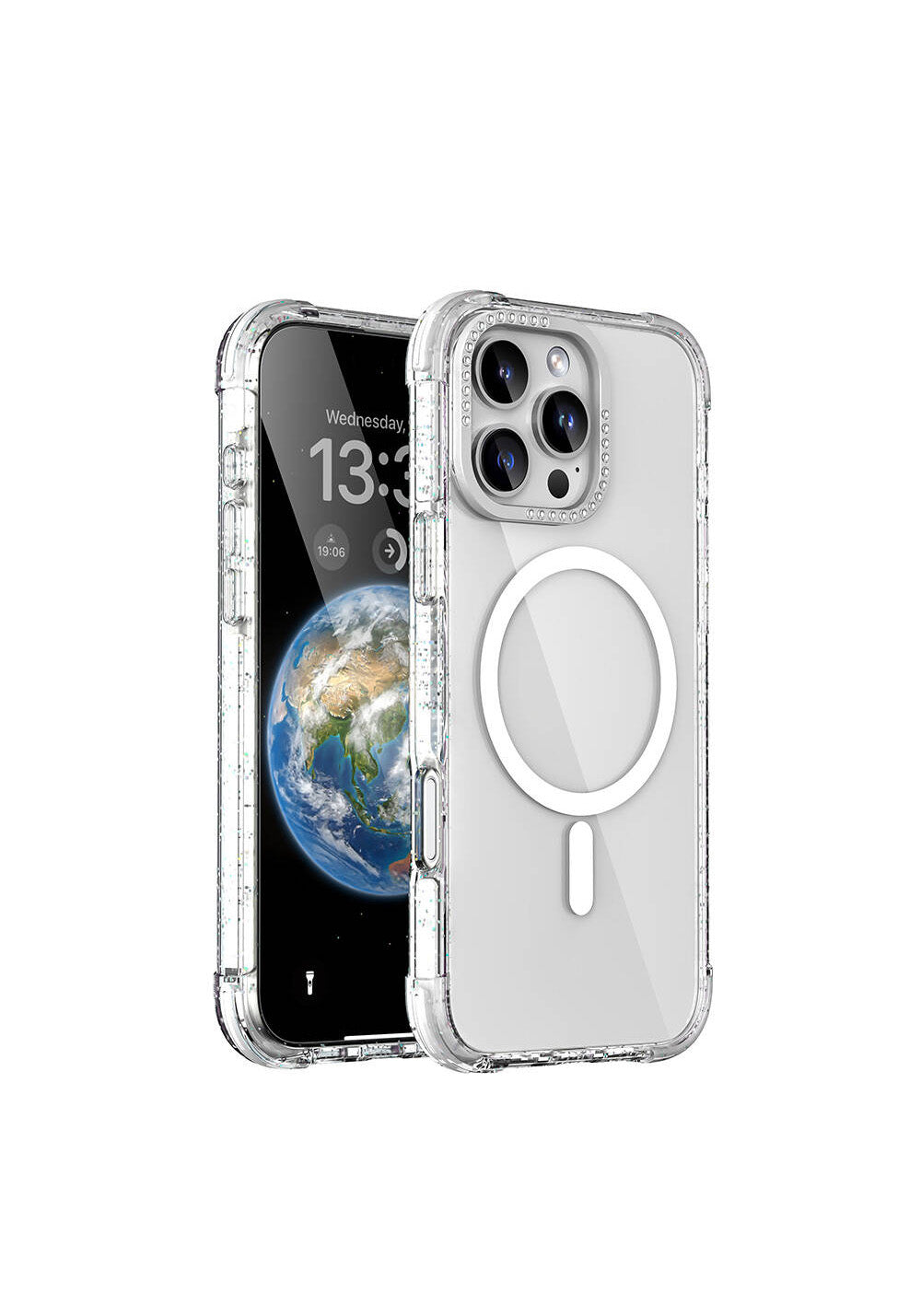 Apple iPhone 16 Pro Kılıf Manyetik Şarj Uyumlu Taşlı ve Simli Tasarım Mutural Blink Kapak