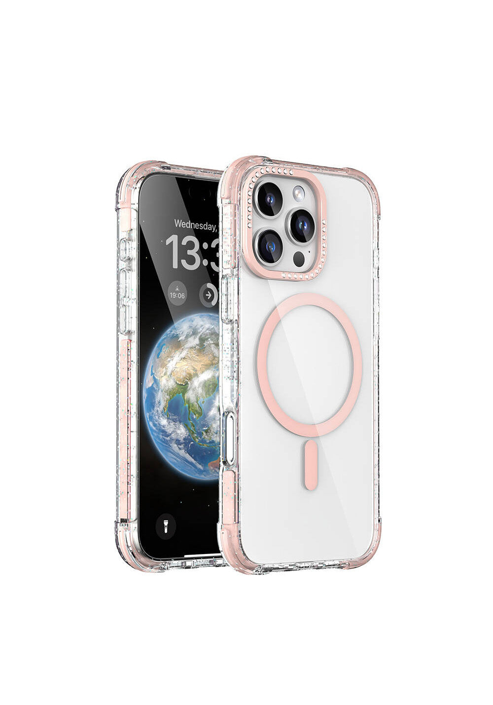 Apple iPhone 16 Pro Kılıf Manyetik Şarj Uyumlu Taşlı ve Simli Tasarım Mutural Blink Kapak