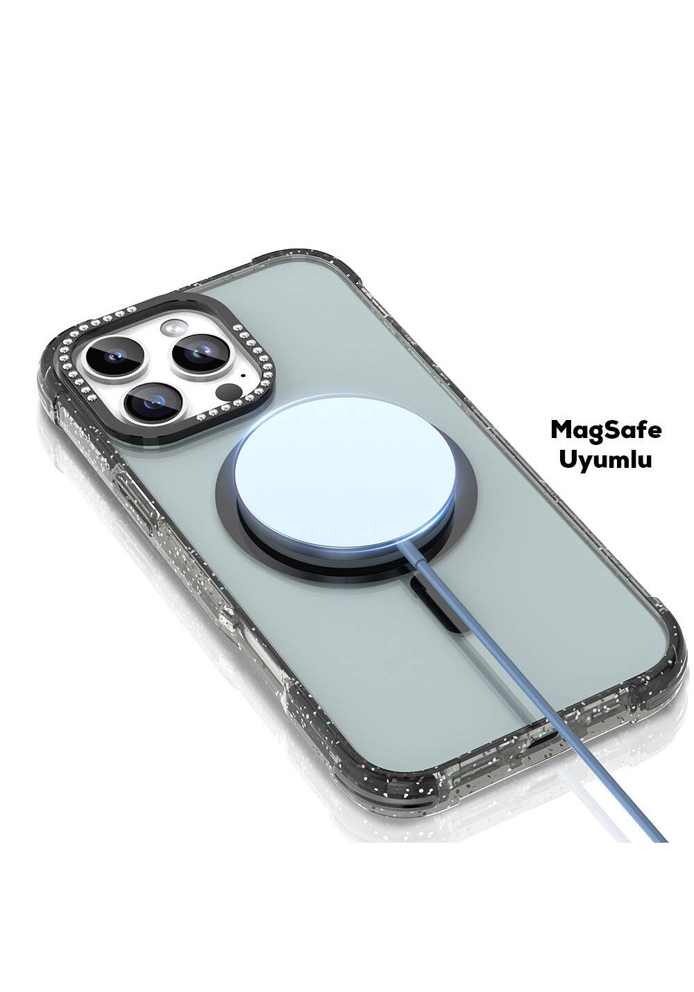 Apple iPhone 16 Pro Kılıf Manyetik Şarj Uyumlu Taşlı ve Simli Tasarım Mutural Blink Kapak