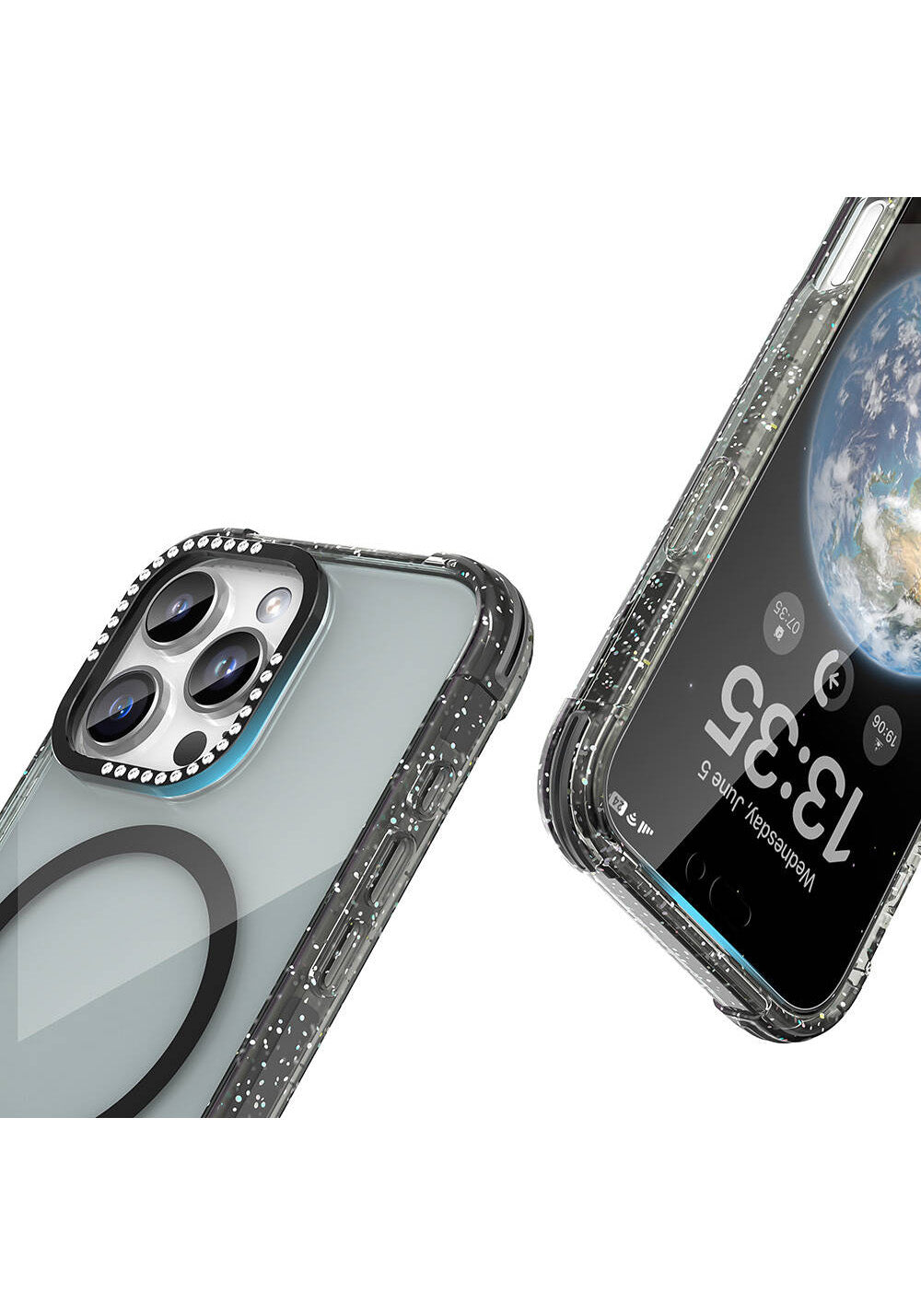 Apple iPhone 16 Pro Kılıf Manyetik Şarj Uyumlu Taşlı ve Simli Tasarım Mutural Blink Kapak
