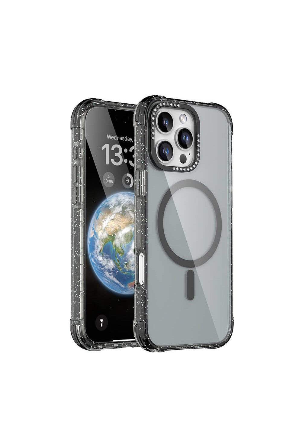 Apple iPhone 16 Pro Max Kılıf Manyetik Şarj Uyumlu Taşlı ve Simli Tasarım Mutural Blink Kapak
