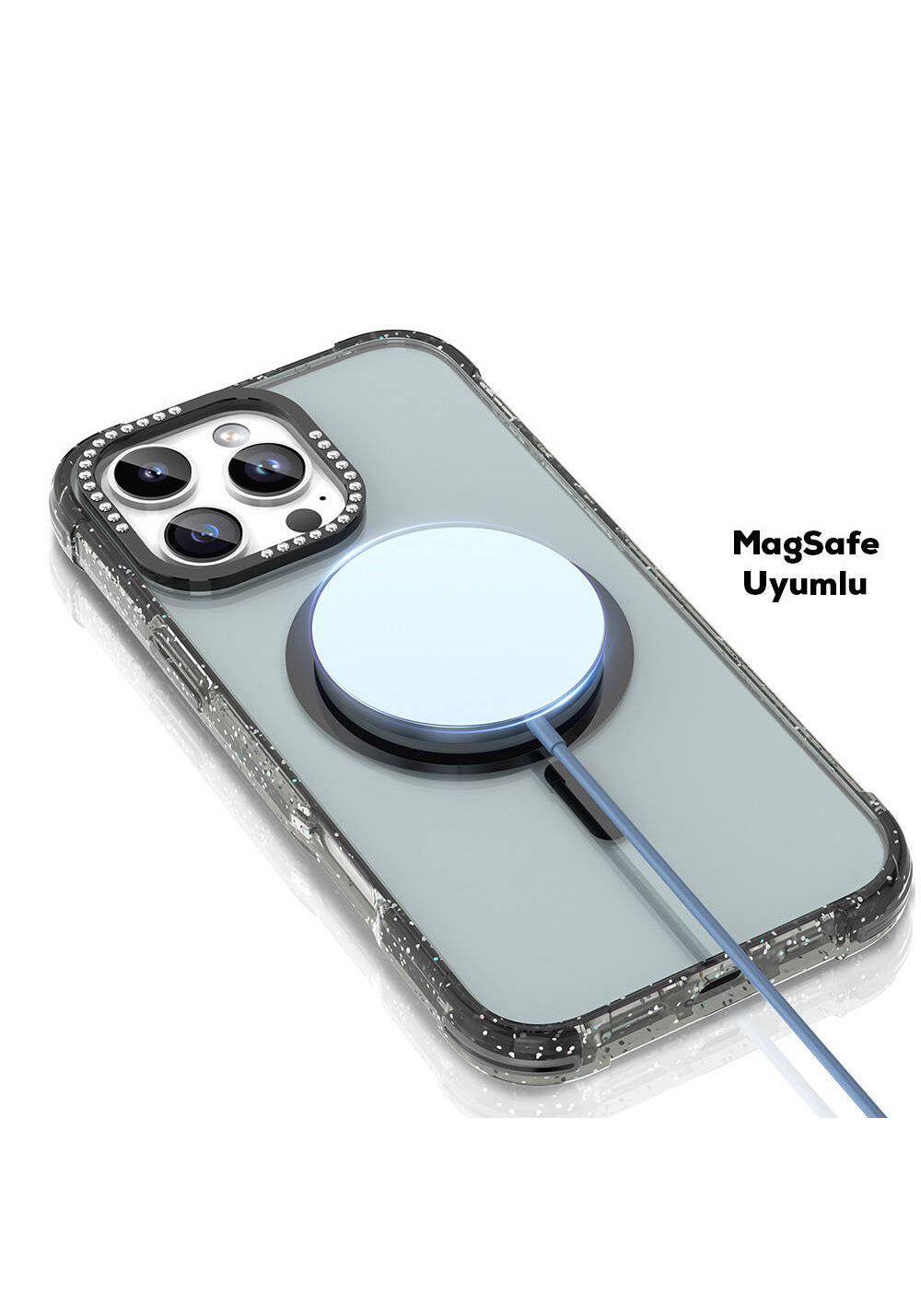 Apple iPhone 16 Pro Max Kılıf Manyetik Şarj Uyumlu Taşlı ve Simli Tasarım Mutural Blink Kapak