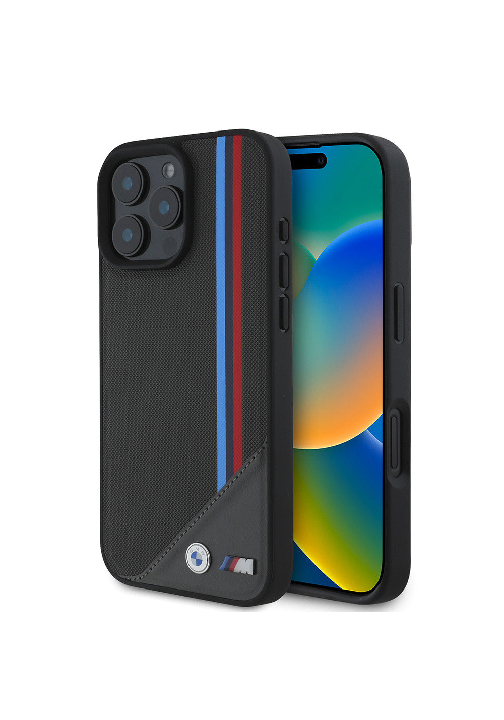 Apple iPhone 16 Plus Kılıf BMW Orijinal Lisanslı Manyetik Şarj Uyumlu M Logolu Üç Çizgili Dikiş Detaylı Meshed Tricolor Stripes Kapak