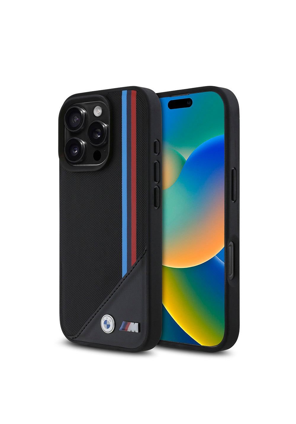 Apple iPhone 16 Pro Max Kılıf BMW Orijinal Lisanslı Manyetik Şarj Uyumlu M Logolu Üç Çizgili Dikiş Detaylı Meshed Tricolor Stripes Kapak
