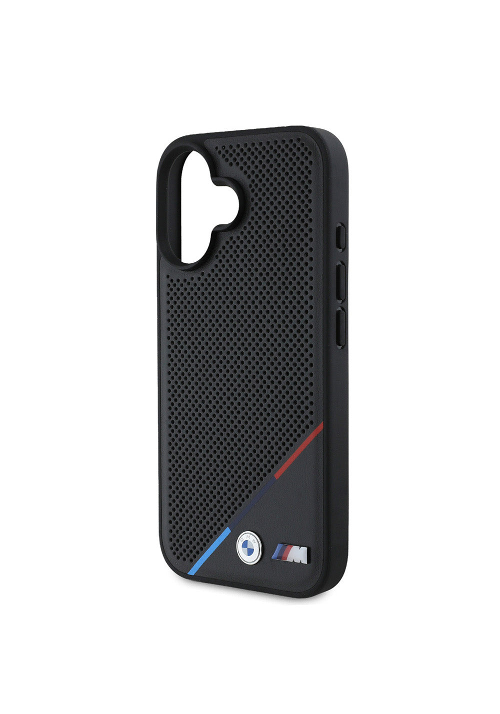 Apple iPhone 16 Kılıf BMW Orijinal Lisanslı Manyetik Şarj Uyumlu M Logolu Üç Çizgili Delikli Deri Kapak