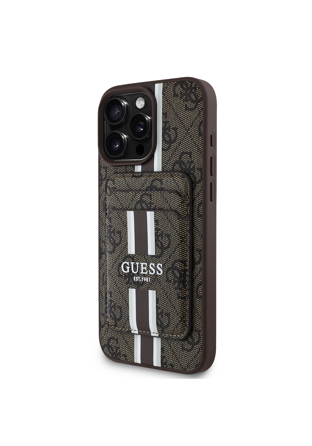 Apple iPhone 16 Pro Kılıf Guess Orijinal Lisanslı Manyetik Şarj Uyumlu 4G Desenli Çizgili Kartlıklı Kapak