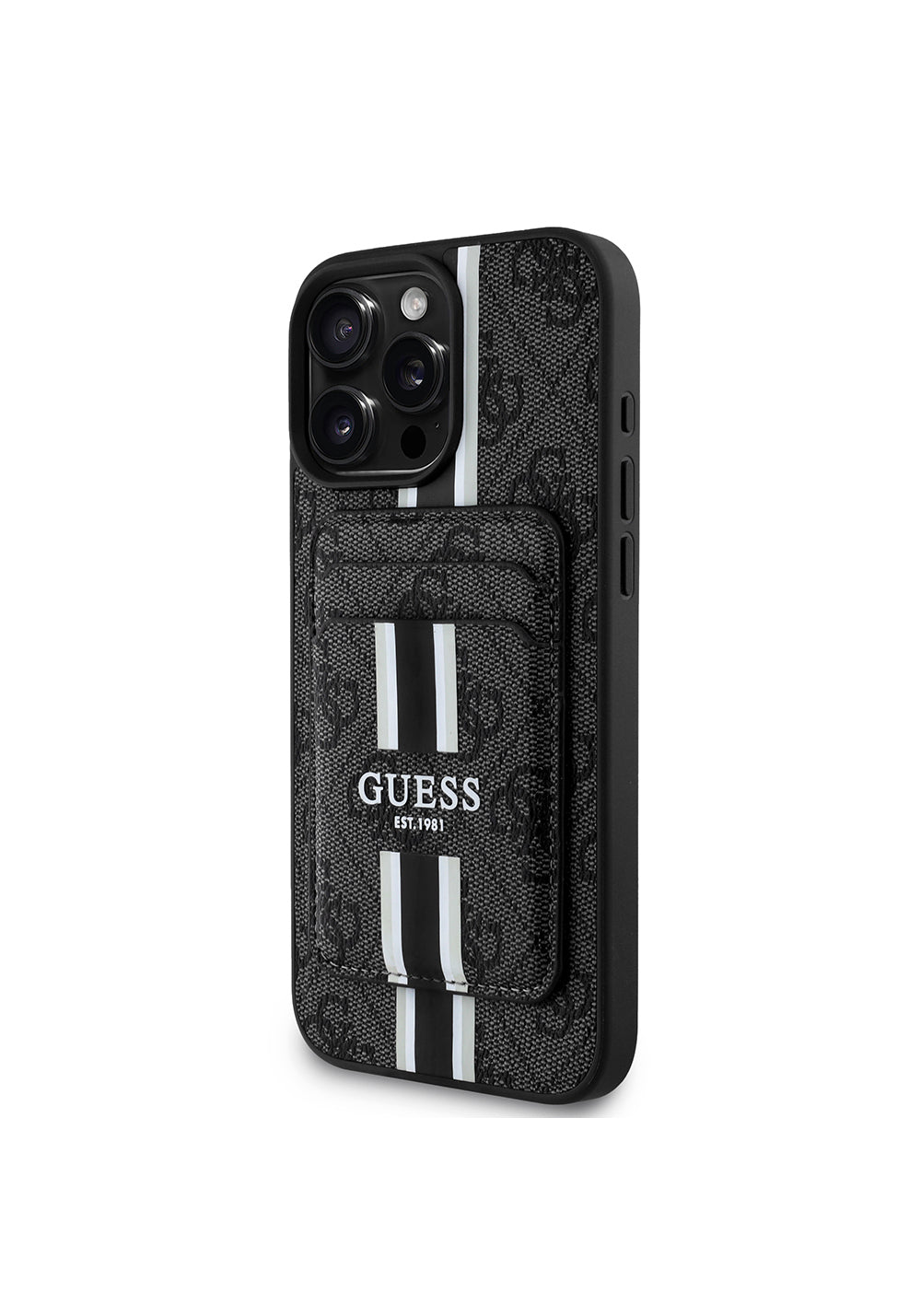 Apple iPhone 16 Pro Kılıf Guess Orijinal Lisanslı Manyetik Şarj Uyumlu 4G Desenli Çizgili Kartlıklı Kapak