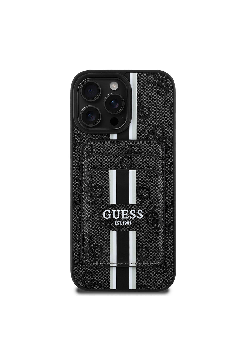 Apple iPhone 16 Pro Kılıf Guess Orijinal Lisanslı Manyetik Şarj Uyumlu 4G Desenli Çizgili Kartlıklı Kapak