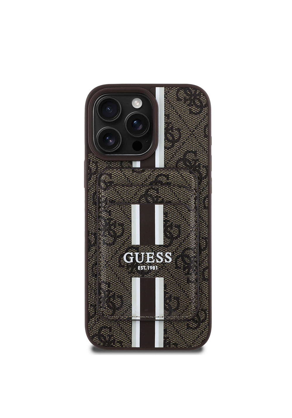 Apple iPhone 16 Pro Kılıf Guess Orijinal Lisanslı Manyetik Şarj Uyumlu 4G Desenli Çizgili Kartlıklı Kapak