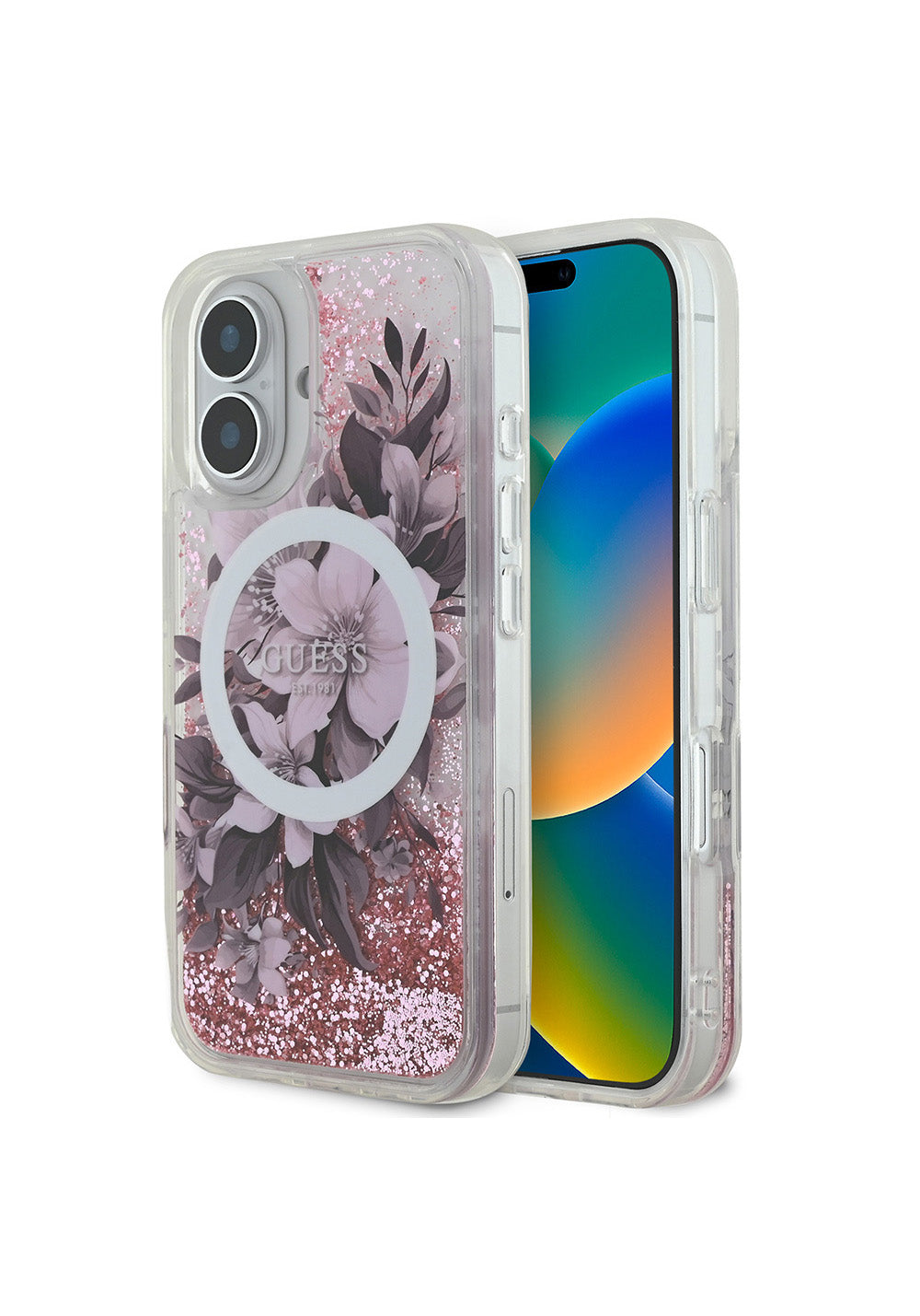 Apple iPhone 16 Plus Kılıf Guess Orijinal Lisanslı Manyetik Şarj Uyumlu Sıvılı Simli Çiçek Desenli Kapak